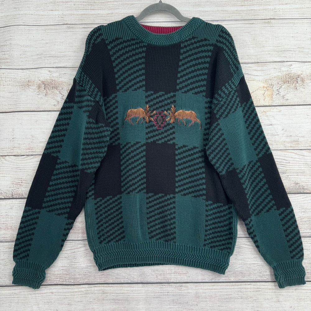 Vintage Chaps Ralph Lauren Sweater Men M Green Black Checkered Embroidered Moose